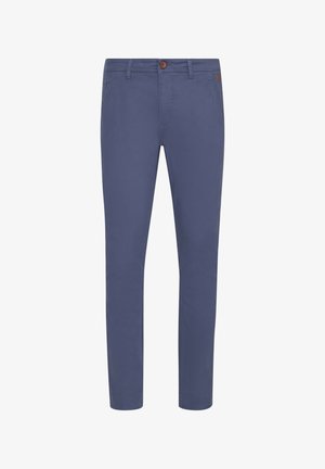 Slim-fit, navy blue chinos made from cotton blend fabric, featuring a button closure, side pockets, and minimal stitching details.