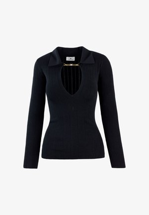 Maglione lungo a maniche lunghe nero con scollo a V profondo, colletto e un'accento di catena dorata sul collo. Tessuto morbido e strutturato con forma aderente.