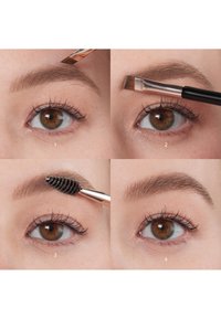 Czterostopniowy samouczek pielęgnacji brwi z pędzelkiem do brwi, skośnym pędzelkiem i szczoteczką na skórze z nałożonym cieniowaniem w naturalnych tonach.