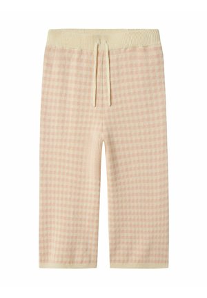 Pantaloni a scacchi di un delicato rosa chiaro, realizzati in tessuto morbido, con vita a coste e cordoncino. Presentano una lunghezza fino al ginocchio e dettagli color crema.