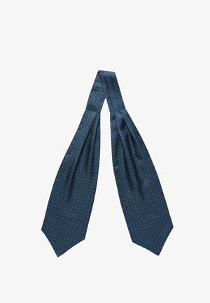 Laivastonsininen solmio, jossa on teksturoitu pinta ja pieniä, tasaisesti sijoitettuja vaaleansinisiä pilkkuja. Klassinen kolmionmuotoinen kärki.