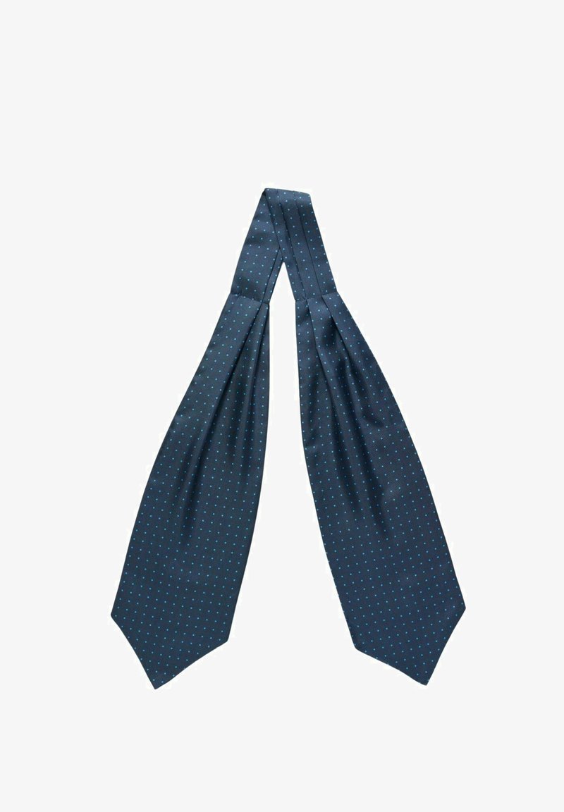 Marineblå slips med en struktureret overflade, der har små, jævnt fordelt lyseblå polka prikker. Klassisk trekantet spidsdesign.