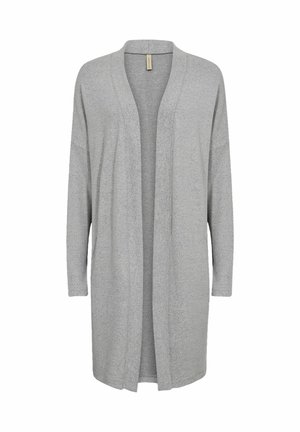 Gray cardigan with long sleeves, open front, and a soft texture. Features a relaxed fit and minimal design without buttons or fasteners.