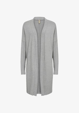Grijze cardigan met lange mouwen, open voorkant en een zachte textuur. Heeft een ontspannen pasvorm en een minimistisch ontwerp zonder knopen of sluitingen.