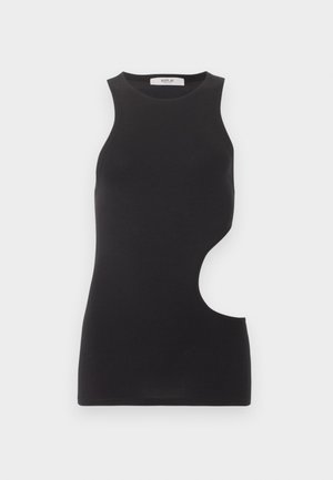 Black sleeveless top with high neckline and asymmetrical cutout on the right side, sleeveless design, plain fabric.