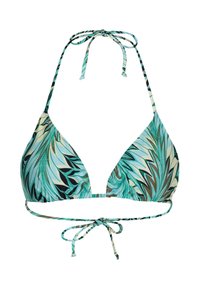 Dreieckiger Bikini-Oberteil mit einem türkis- und schwarzfarbenen Blättermuster, dünnen verstellbaren Trägern und Bindebändern am Hals und Rücken. Glatte Stoffoberfläche.