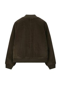 Veste bomber en velours côtelé vert foncé avec col et poignets côtelés, présentant une texture lisse et un design simple et décontracté.