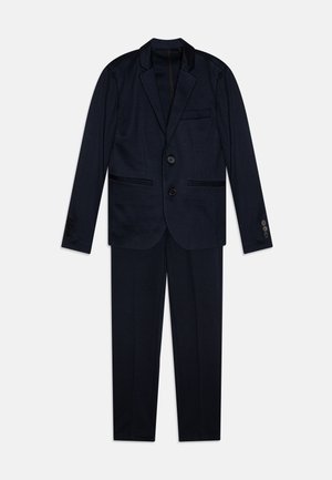 Marineblå todelt dress med notch-lapel blazer med to knapper og matchende bukser med rette ben.