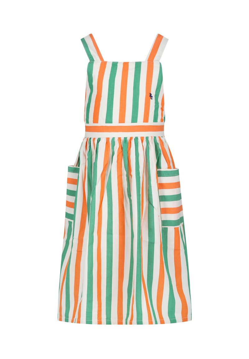 Robe rayée en vert, orange et blanc. Présente des bretelles ajustables, un corsage ajusté et une jupe évasée avec deux poches avant.