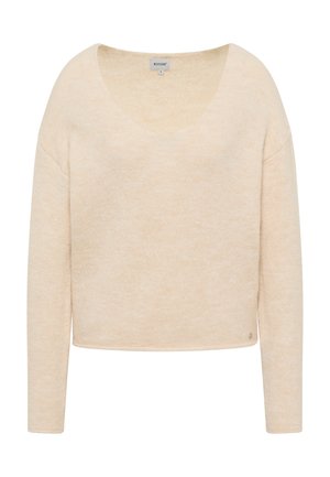 Cremefarbener, langärmeliger Strickpullover mit weitem Rundhalsausschnitt und kleinem Metall-Logo der Marke nahe dem Saum.