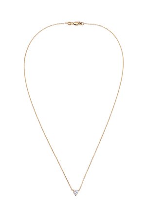 Delicate gold chain necklace with a small heart-shaped clear gemstone pendant centered at the bottom and a lobster clasp closure.