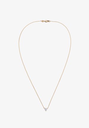 Feine goldene Halskette mit kleinem herzförmigem klaren Edelstein-Anhänger, zentriert unten, und einem Karabinerverschluss.