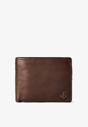 Brown leather wallet featuring a smooth texture, rectangular shape, and a small gold anchor emblem on the lower right corner.