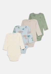 Fire langermede baby bodysuits i kremfarge med stjerner, blå med dinosaurer, beige med striper, og grønn med rom-tema trykk.