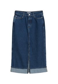 Spódnica dżinsowa w ciemnym niebieskim kolorze, o średniej długości, z zapięciem na guziki z przodu oraz jasnoniebieskimi wywiniętymi mankietami. Gładka faktura z klasycznym przeszyciem.