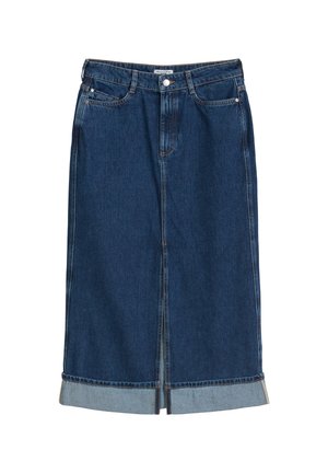Spódnica dżinsowa w ciemnym niebieskim kolorze, o średniej długości, z zapięciem na guziki z przodu oraz jasnoniebieskimi wywiniętymi mankietami. Gładka faktura z klasycznym przeszyciem.
