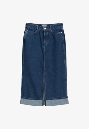 Gonna di jeans blu scuro, con design a lunghezza media, chiusura frontale con bottoni e orli risvoltati in azzurro chiaro. Tessuto liscio con cuciture classiche.