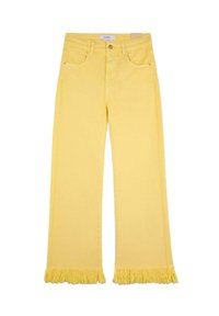 Jeans largi din denim galben cu margini desfăcute, având cinci buzunare și închidere cu nasture în față. Textură netedă cu o culoare vibrantă.