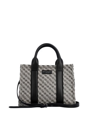 Sac à main avec motif tissé noir et blanc, poignées en cuir noir, deux sangles verticales en cuir et bandoulière amovible.