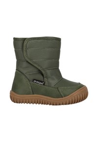 Botte d'hiver pour enfants couleur vert olive avec semelle en caoutchouc marron, dessus matelassé, rabat zippé sur le côté et étiquette de la marque ZigZag.