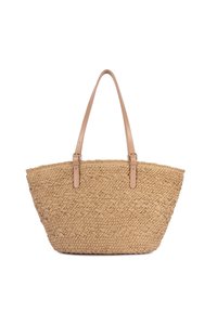 Grand sac cabas en paille tressée avec des anses d'épaule en cuir marron clair et une forme large trapézoïdale sur fond blanc.