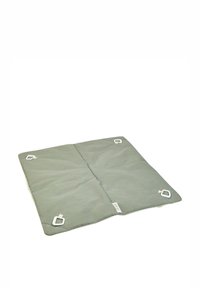 Gray outdoor blanket made of soft fabric, rectangular shape, with reinforced corners featuring white clips for secure attachment.