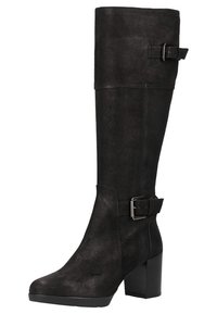 Stivali in pelle nera al ginocchio con una texture liscia, dotati di una fibbia decorativa e di un tacco spesso. Design elegante con una forma strutturata.