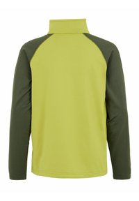 Langsleeve top met een hoge kraag, met een felgele romp en donkergroene raglanmouwen, gemaakt van rekbare stof met platte naden.