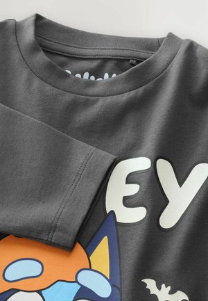Šedé tričko s dlouhým rukávem a kulatým výstřihem. Má design kreslené kočky v oranžové a modré barvě, výrazné bílé písmo a grafiku netopýra. Měkký materiál.