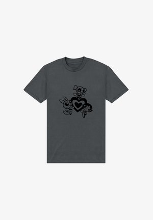 Mørkegrå bomulds t-shirt med en sort grafik af tre tegneseriefigurer med en hjerteform i midten. Korte ærmer og rund halsudskæring.