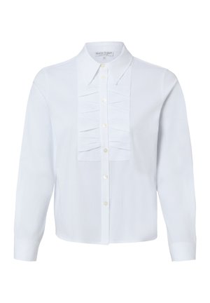 Witte blouse met lange mouwen, knoopsluiting, puntkraag en geplooide volantdetails langs de voorste knopenbies.