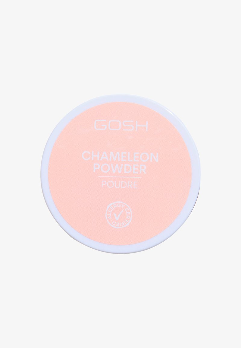 Contenitore rotondo di GOSH Chameleon Powder con un coperchio liscio di colore pesca e bordi in plastica bianca. Contiene il marchio di certificazione per allergeni.