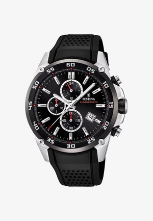 Orologio cronografo nero con accenti argentati, cassa rotonda, cinturino in gomma testurizzato, tre sub-dial e una finestra della data alla posizione delle 6.