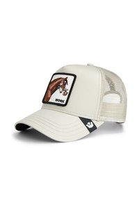 Beige trucker cap with fabric front, mesh back, and a square patch featuring a horse design and the word "WORK." Curved brim and black accent.