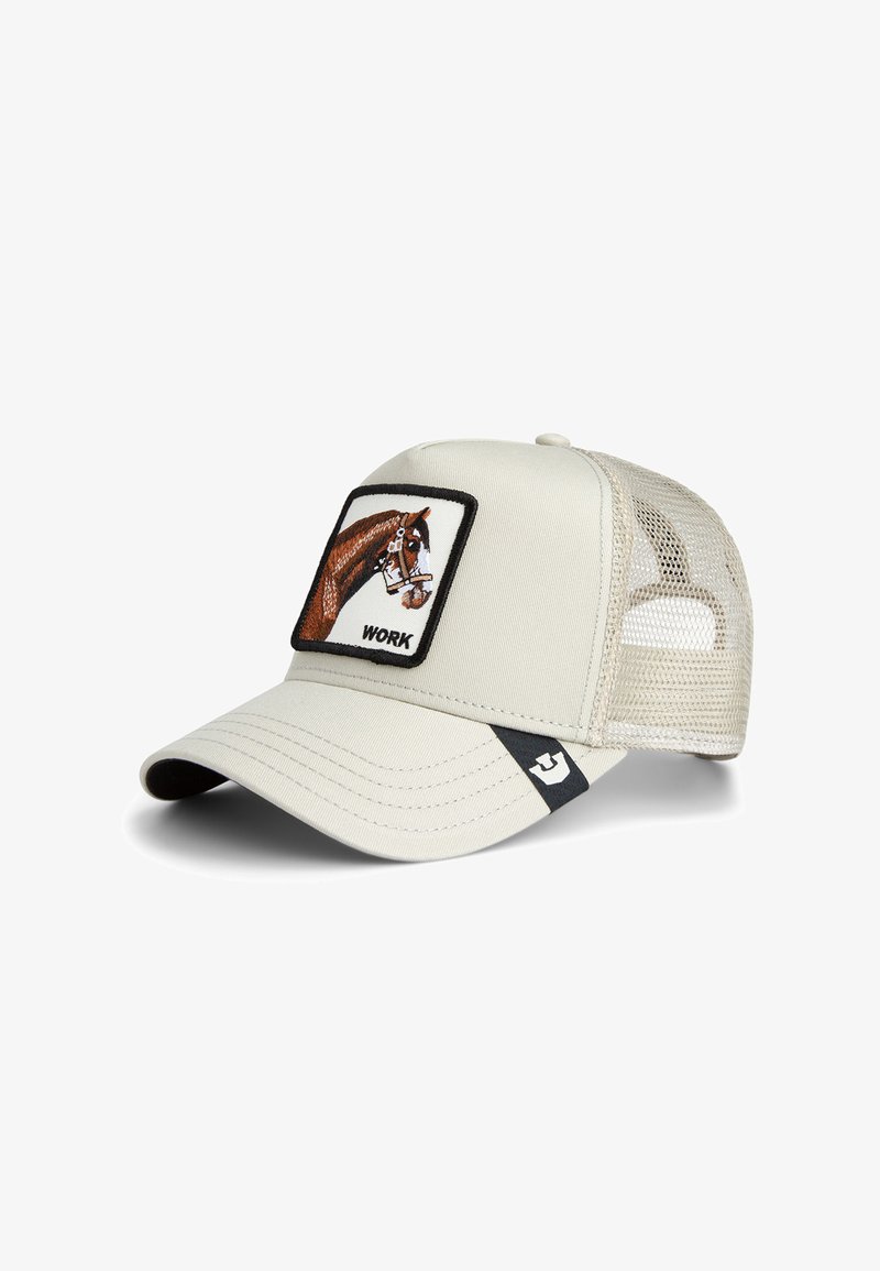 Beige trucker cap with fabric front, mesh back, and a square patch featuring a horse design and the word "WORK." Curved brim and black accent.