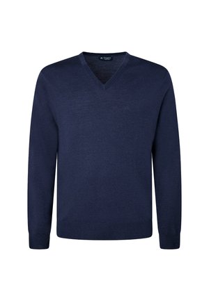 Maglione blu navy a scollo a V con maniche lunghe, realizzato in tessuto a maglia liscia. Presenta un design semplice con polsini e orlo a coste. Senza loghi o motivi.