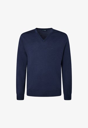 Námornícky modrý sveter s výstrihom do v a dlhými rukávmi, vyrobený z hladkej pleteniny. Má jednoduchý dizajn s rebrovanými manžetami a lemom. Bez log a vzorov.