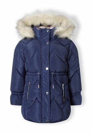 Veste matelassée navy avec capuche en fausse fourrure, motif matelassé, poignets élastiqués, taille à cordon de serrage et deux poches avant zippées.