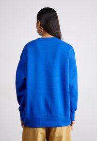 Blå sweatshirt med avslappnad passform, ribbad rundhals och långa ärmar. Slät textur utan synliga mönster eller detaljer.
