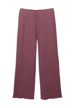 Løse, bredbenede bukser lavet af tekstureret, krøllet stof i en afdæmpet mauve farve, med en elastisk talje og snoretræk.