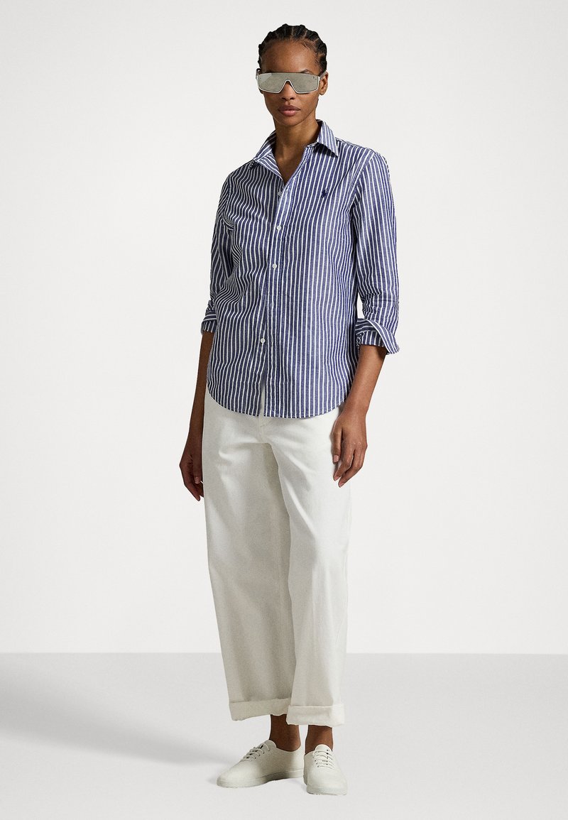 Chemise à rayures bleues et blanches, associée à un pantalon large blanc et des baskets blanches ; mannequin portant des lunettes de soleil réfléchissantes.