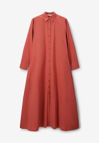 Rostfarbiges Langarmhemdkleid mit einem Knopfverschluss vorne, klassischem Kragen und einer fließenden A-Linie mit Seitenschlitzen.