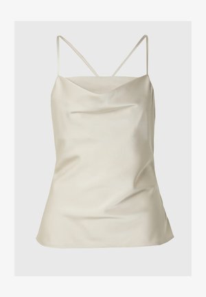 Satinā bēšas krāsas topiņš, ar norautu kakla izgriezumu un plānām regulējamām siksnām. Gluda tekstūra ar nedaudz brīvu piegriezumu.