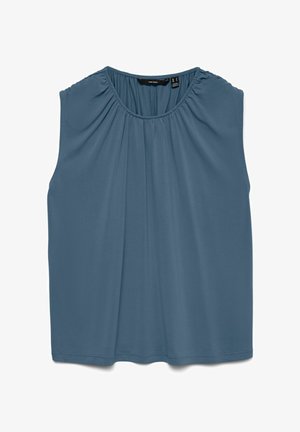 Sleeveless blue blouse with gathered neckline detail and a relaxed fit, laid flat on a white background.