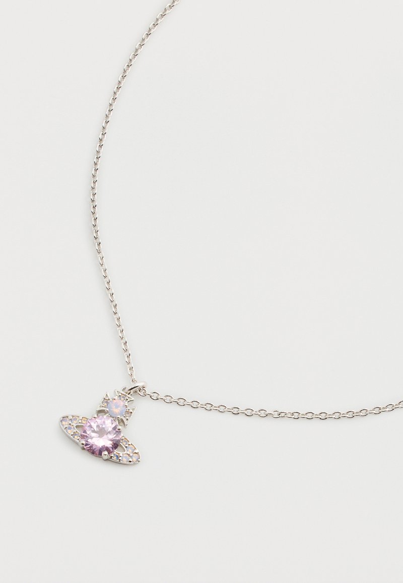 Silver chain necklace featuring a pendant with a large pink gemstone and two smaller stones, one clear and one light pink, in a floral design.
