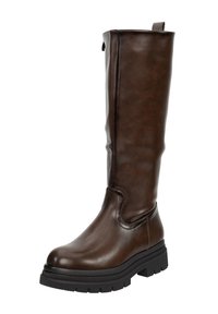 Bruine leren laarzen tot aan de knie met een gladde afwerking, een ronde neus, een dikke zwarte rubberen zool en een achterste trekband voor gemakkelijk aan- en uittrekken.