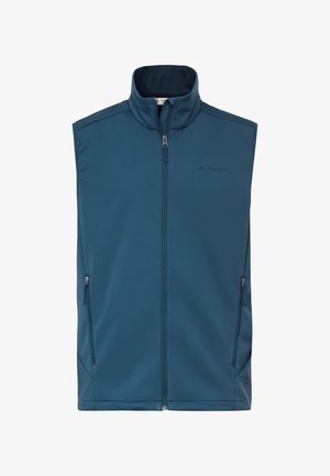 Gilet senza maniche blu con zip frontale, collo alto e due tasche laterali con zip, con un piccolo logo sul petto sinistro.