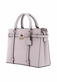 Borsa a mano viola chiaro con pelle sintetica testurizzata, forma strutturata, doppio manico, hardware dorato e dettaglio logo in metallo.