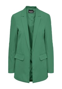 Blazer vert à un bouton pour femme avec des revers en pointe, deux poches avant à rabat, et des manches longues, non boutonné et doublé à l'intérieur.