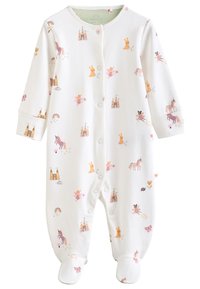 Body pour bébé en coton blanc avec des motifs fantaisistes de licornes, châteaux, lapins et fleurs. Comprend des boutons-pression et un design avec pieds.